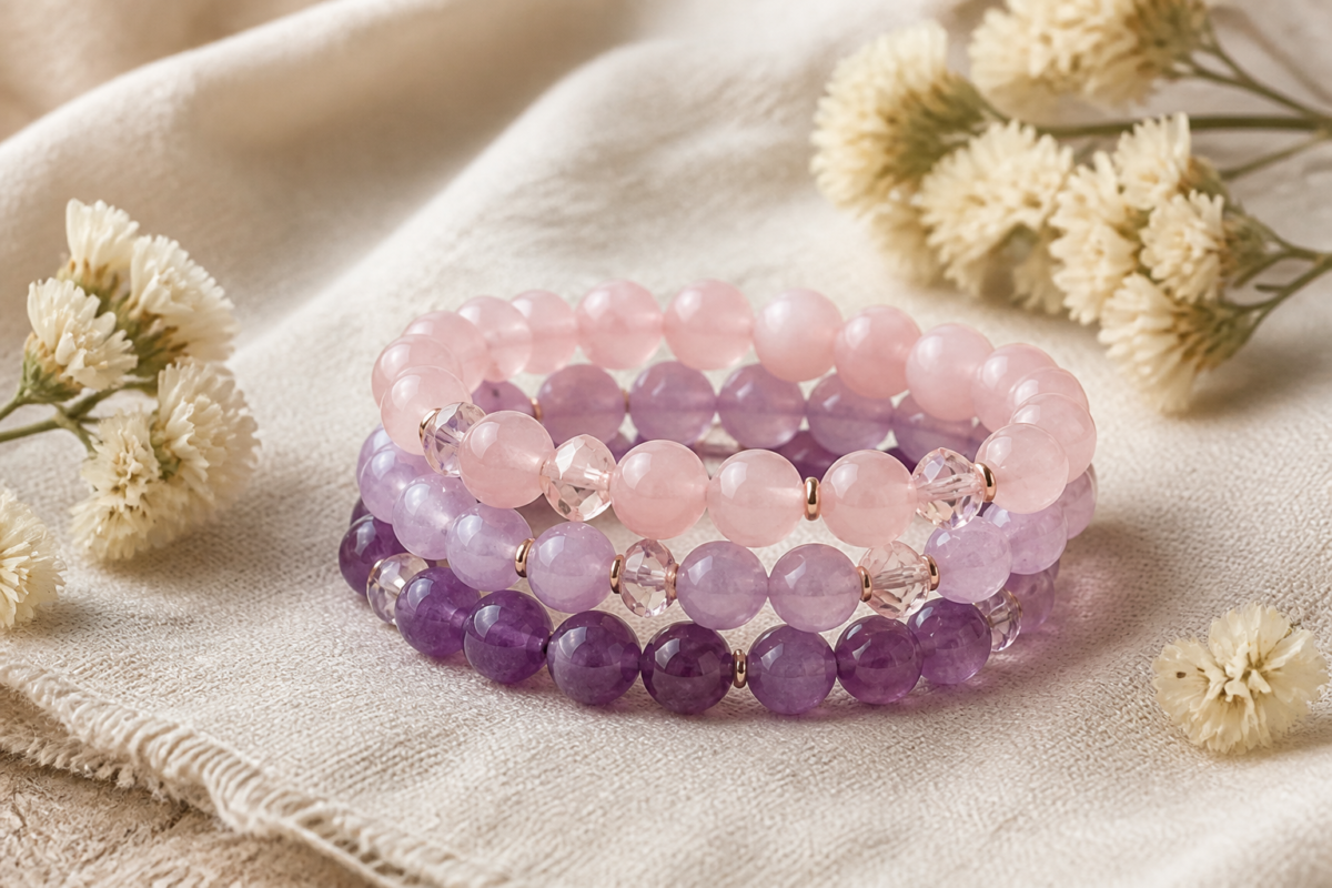 Blush rose quartz and lavender amethyst bead bracelets layered on pale woven linen