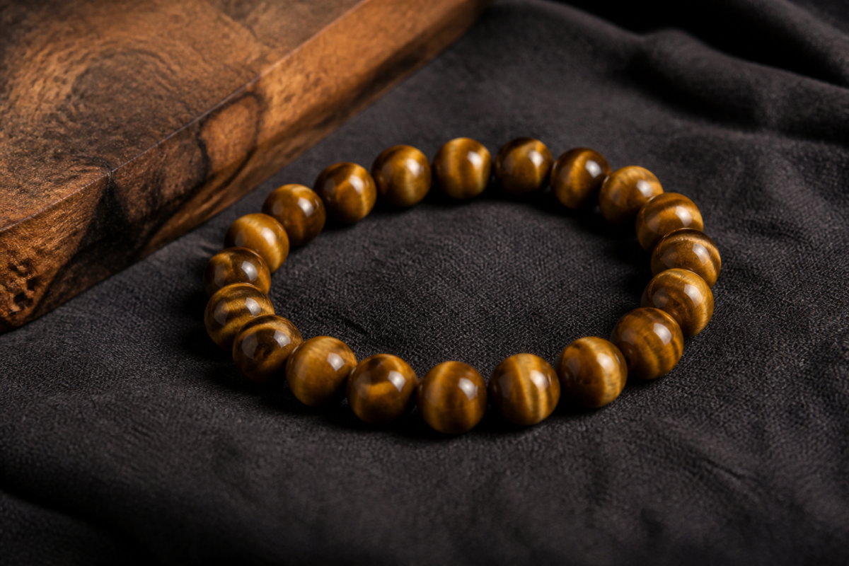 Tiger eye bead bracelet on charcoal linen and warm wood