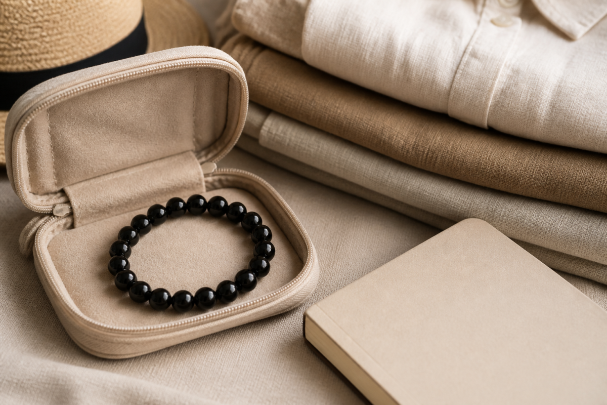 Black obsidian bead bracelet in a beige travel pouch beside folded linen clothes