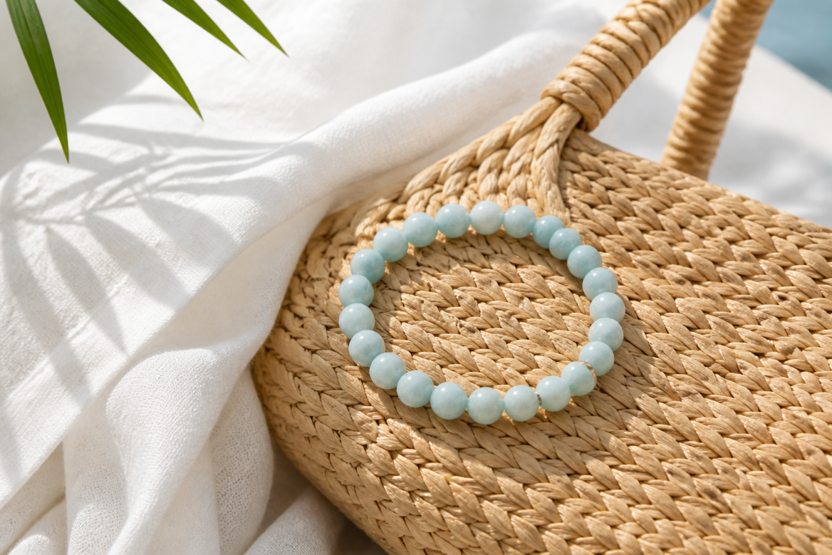 Pale blue amazonite bead bracelet on a woven summer bag with white linen