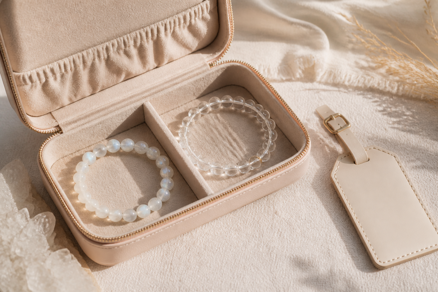 Moonstone and clear quartz bracelets arranged in a divided soft travel jewelry case