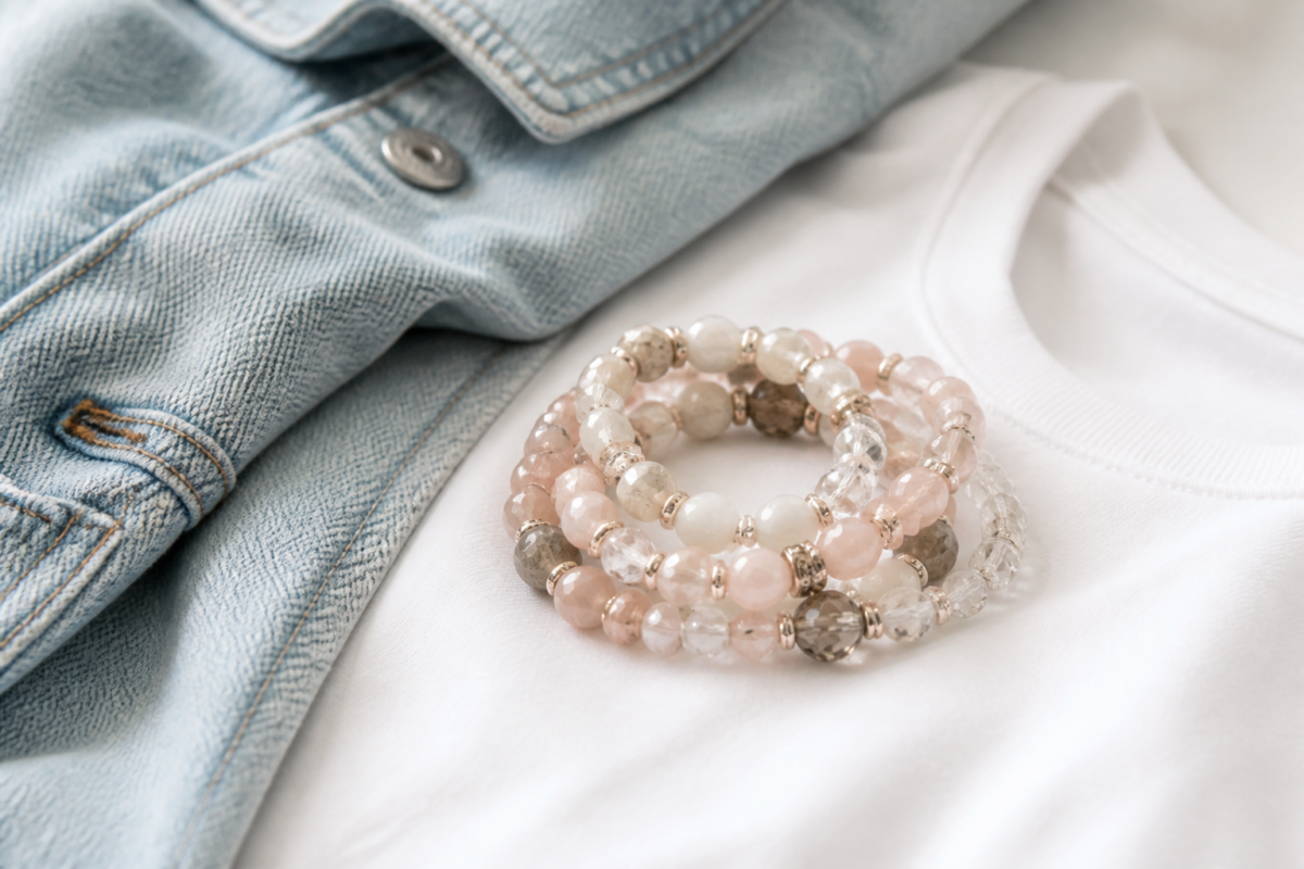 Neutral blush cream and smoky grey crystal bracelet stack beside denim and white fabric