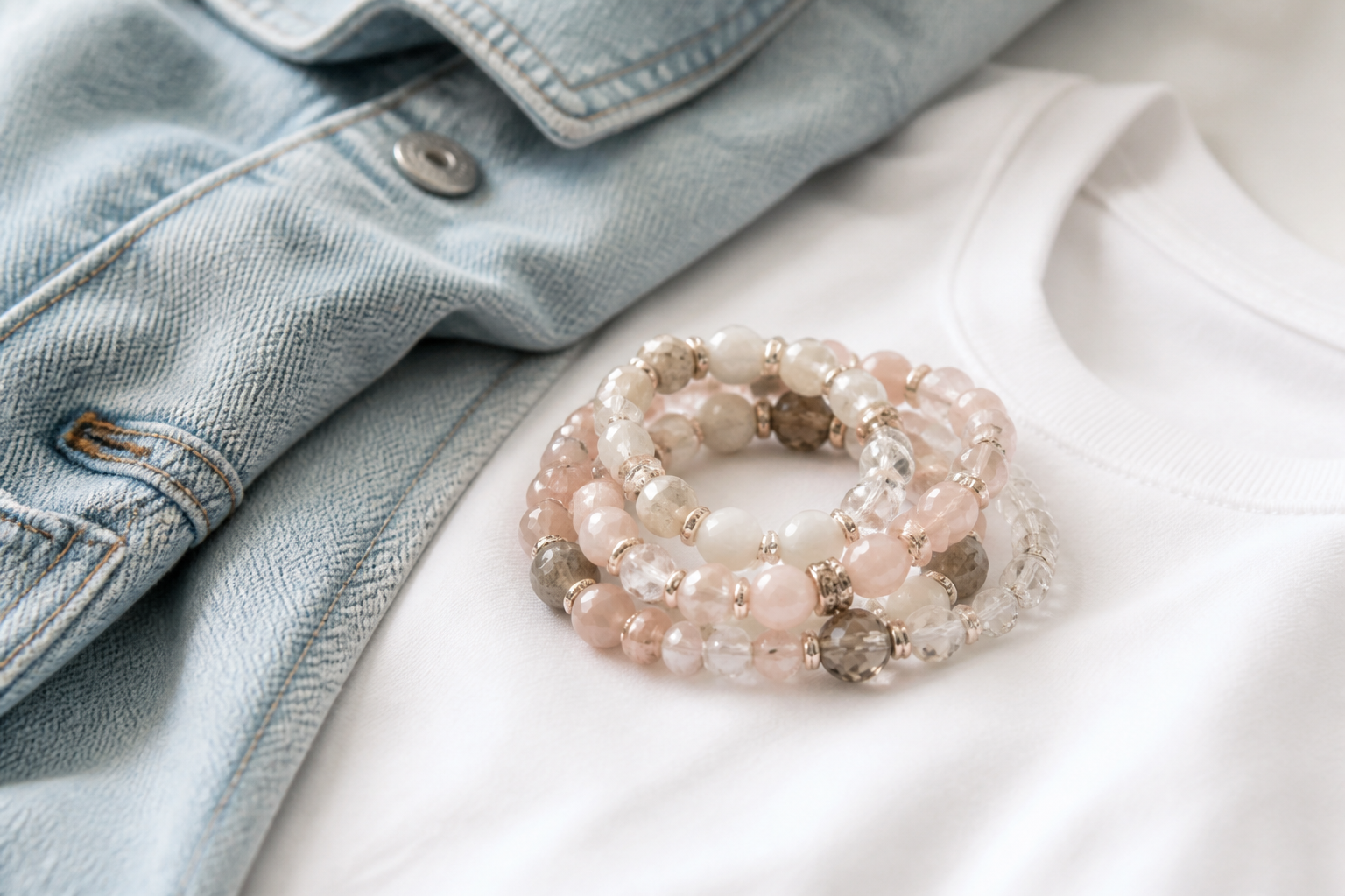 Neutral blush cream and smoky grey crystal bracelet stack beside denim and white fabric
