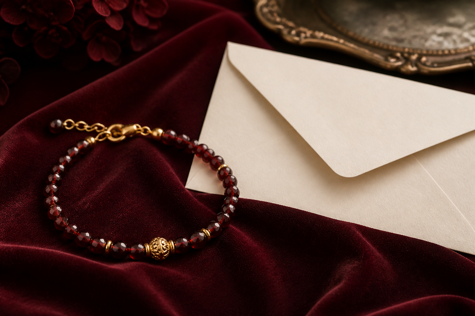 Deep red garnet bead bracelet on burgundy velvet beside a cream invitation envelope
