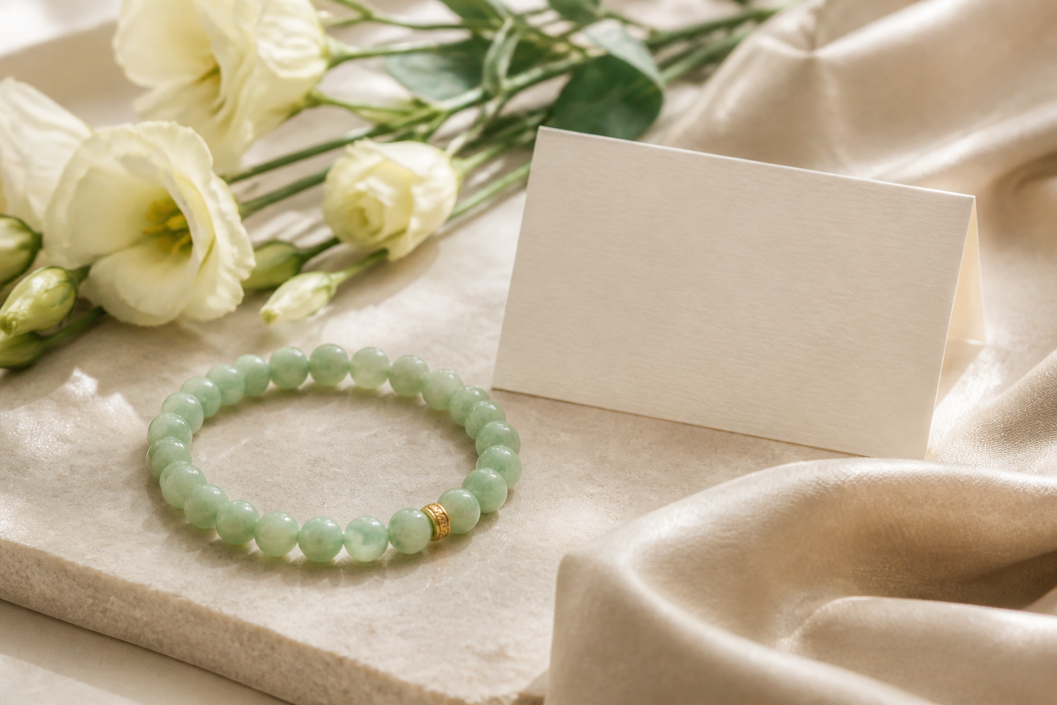 Pale green jade bead bracelet beside an ivory floral stem and blank wedding place card