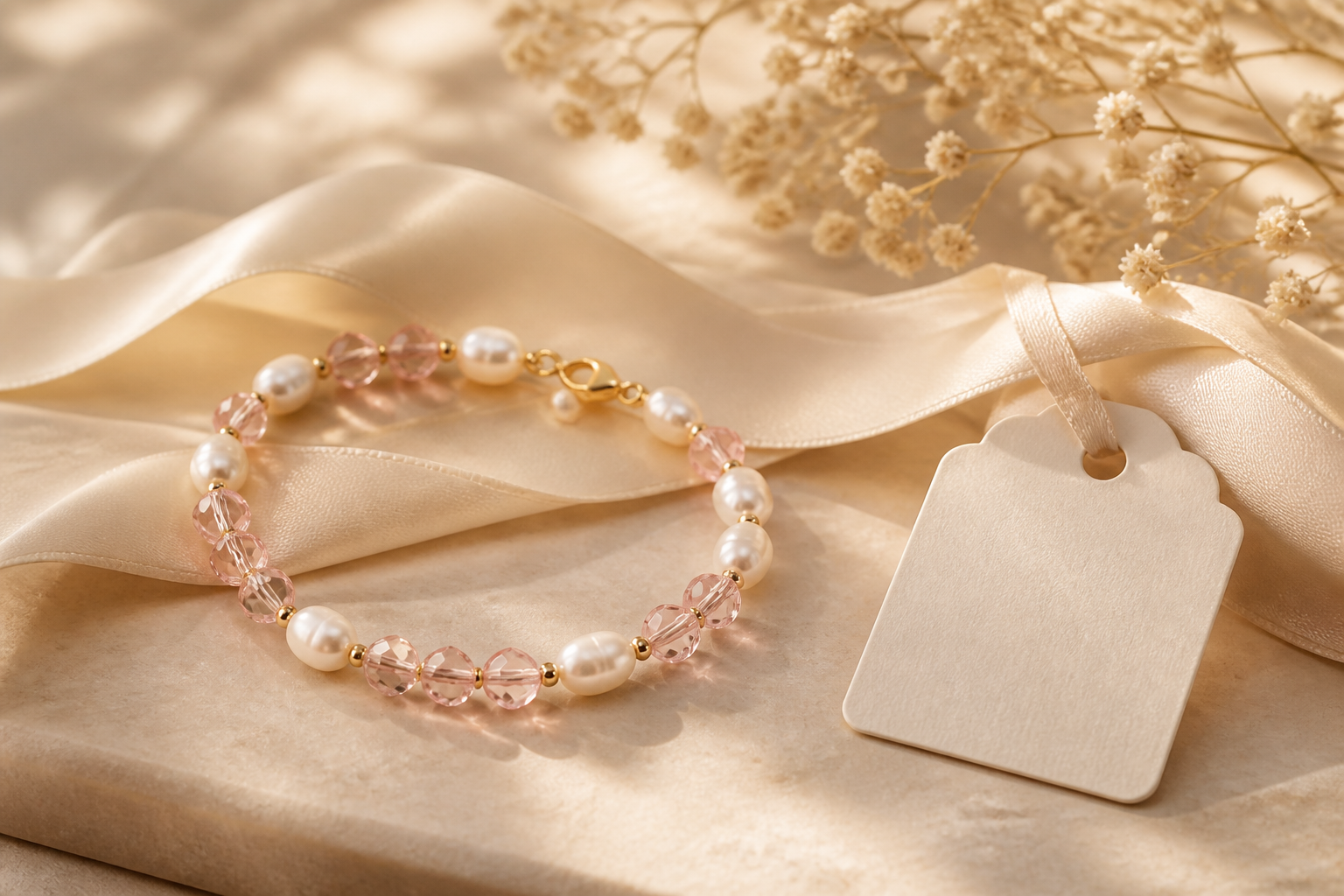 Pale pink crystal and freshwater pearl bead bracelet on cream silk ribbon