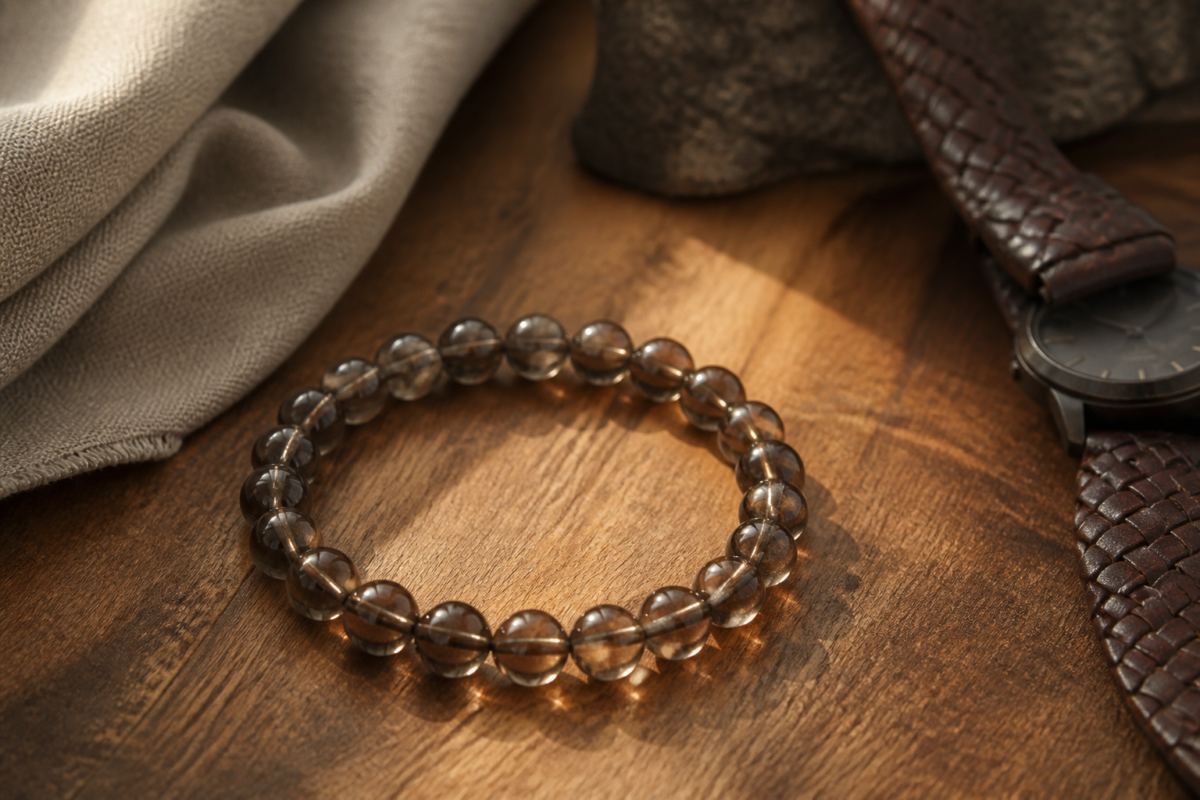 Smoky quartz bead bracelet on warm wood beside taupe fabric and a watch strap