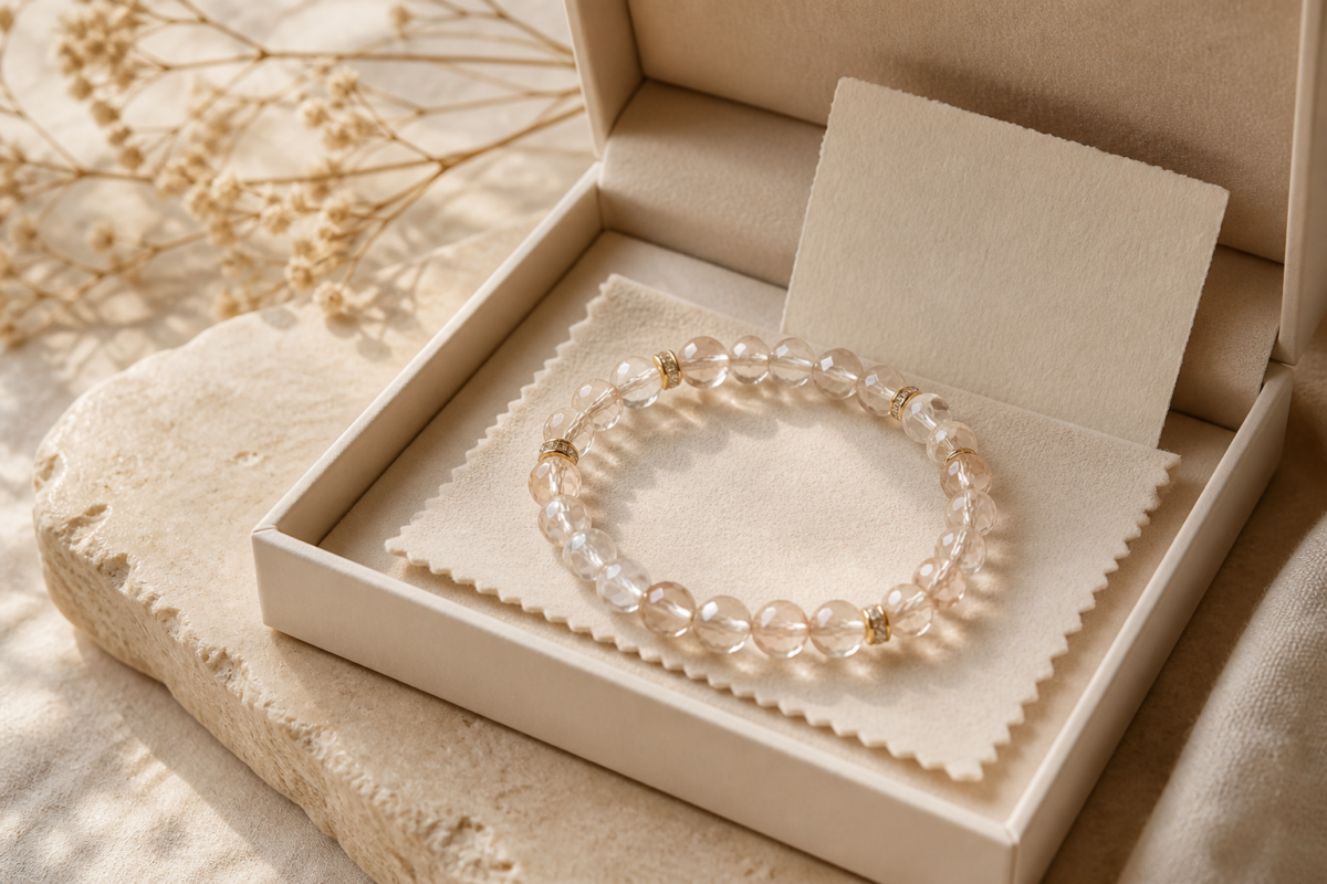 Crystal bead bracelet in an open cream jewelry box with a soft microfiber cloth