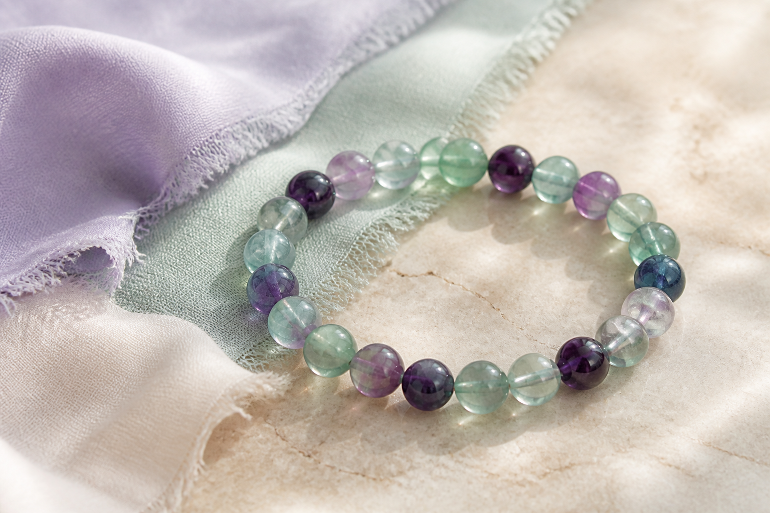 Green and violet fluorite bead bracelet with pastel fabric swatches