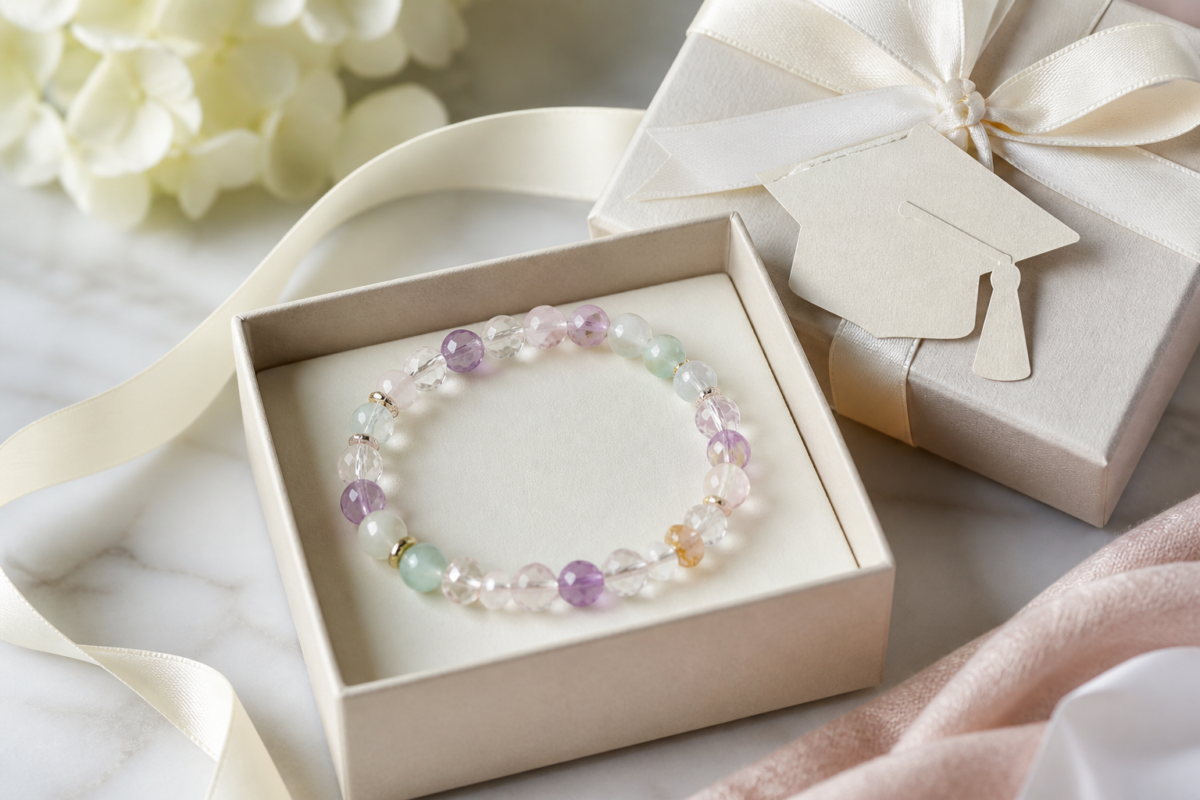 Crystal bead bracelet gift box with a graduation cap shaped paper ornament and cream ribbon
