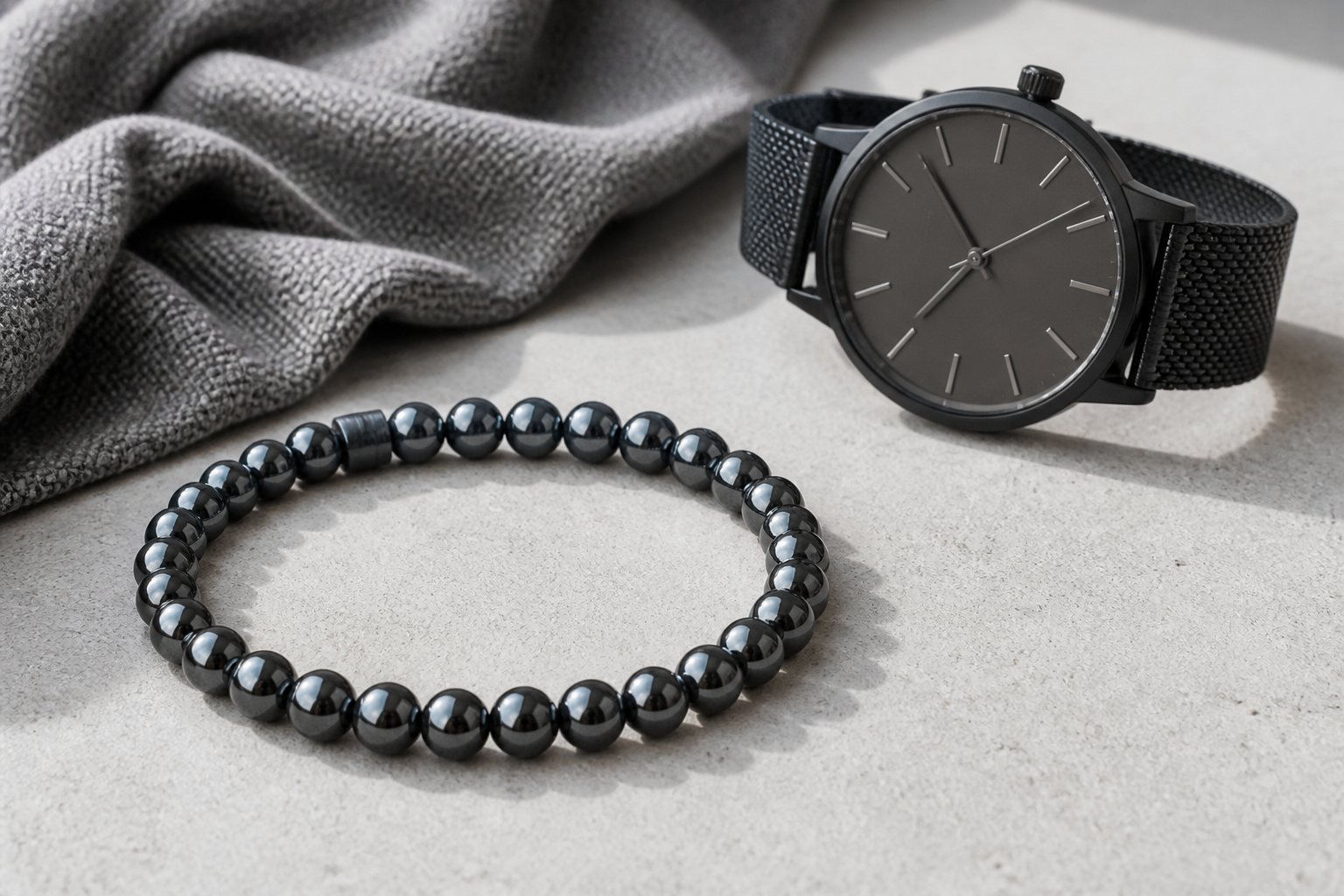 Hematite bead bracelet beside a charcoal watch and grey textured fabric