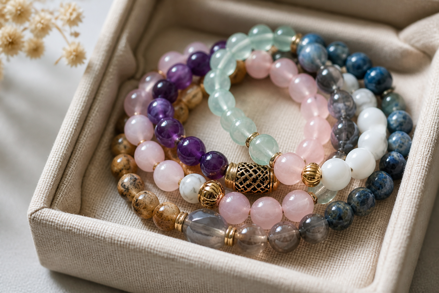 Assorted natural crystal bead bracelets in a linen lined jewelry box