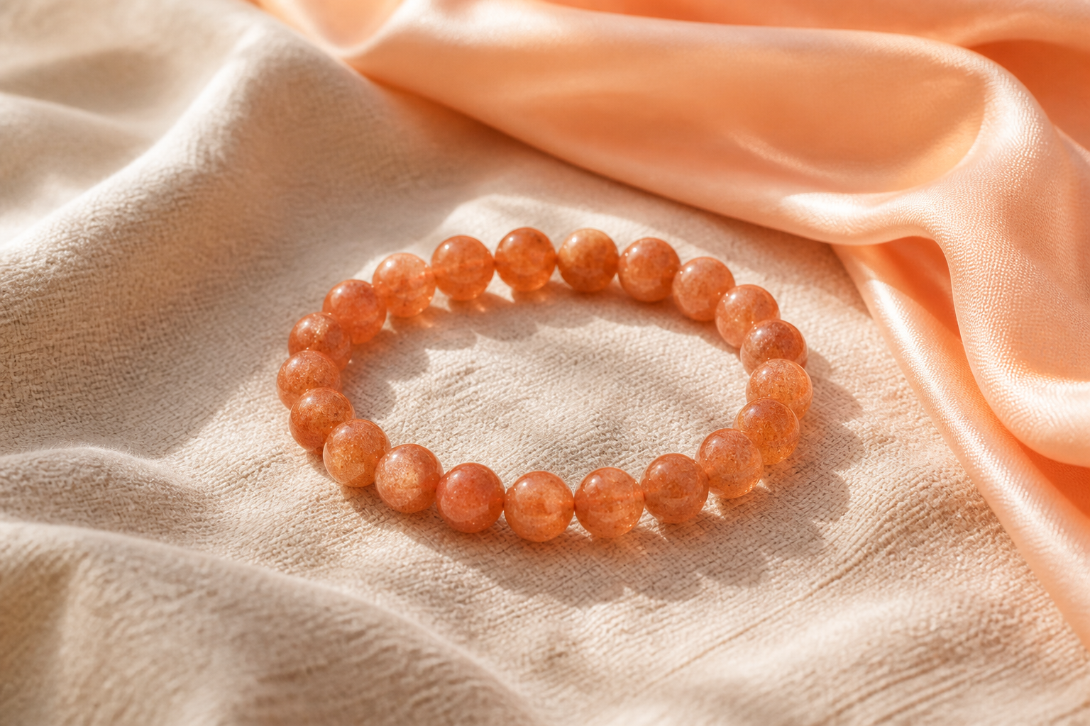 Warm orange sunstone bead bracelet on cream linen with a peach scarf