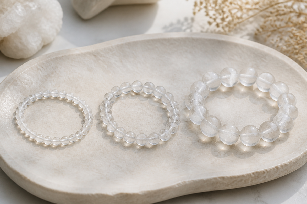 Crystal bead bracelets in small medium and large bead sizes on a pale stone tray