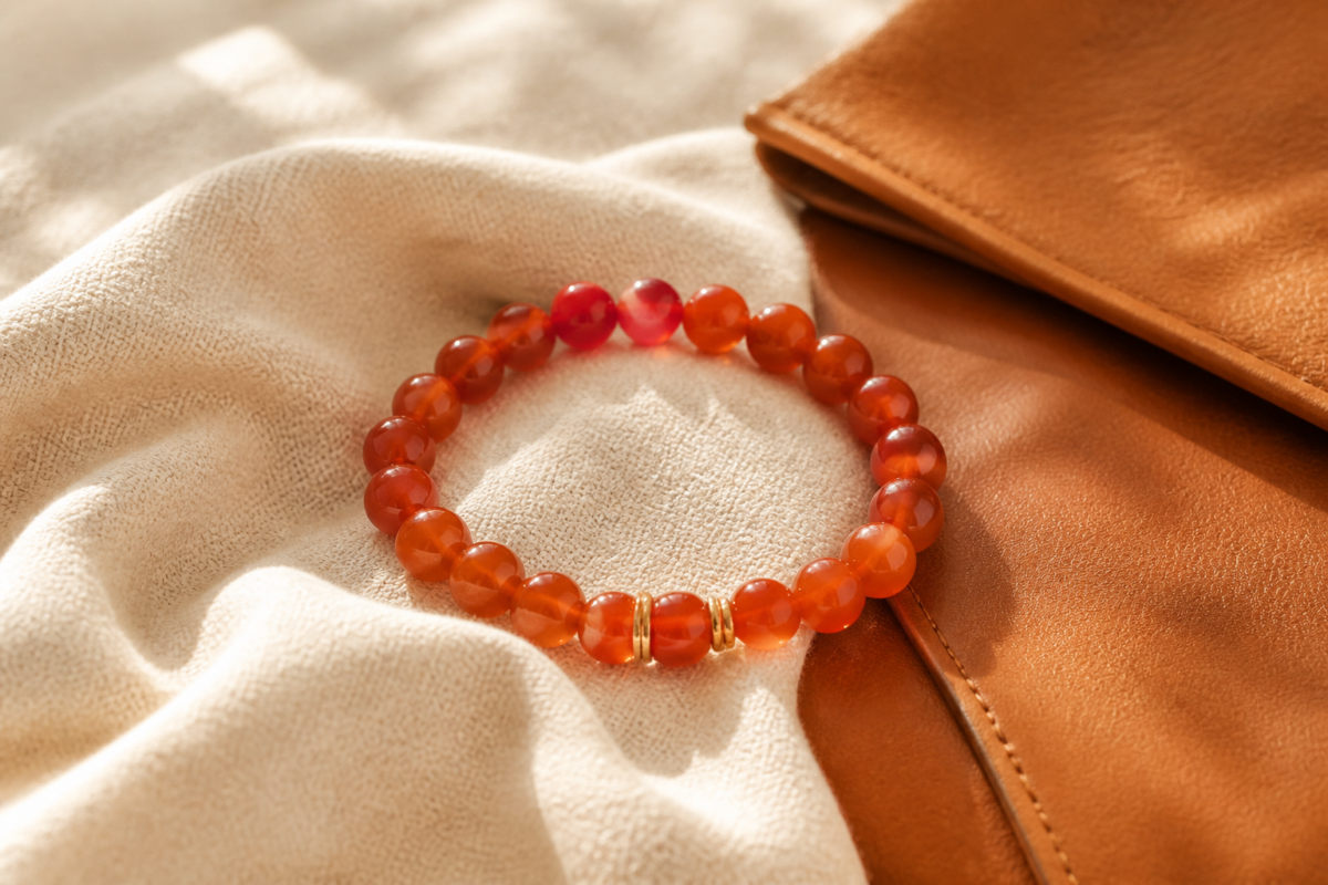 Carnelian bead bracelet on warm cream linen beside tan leather