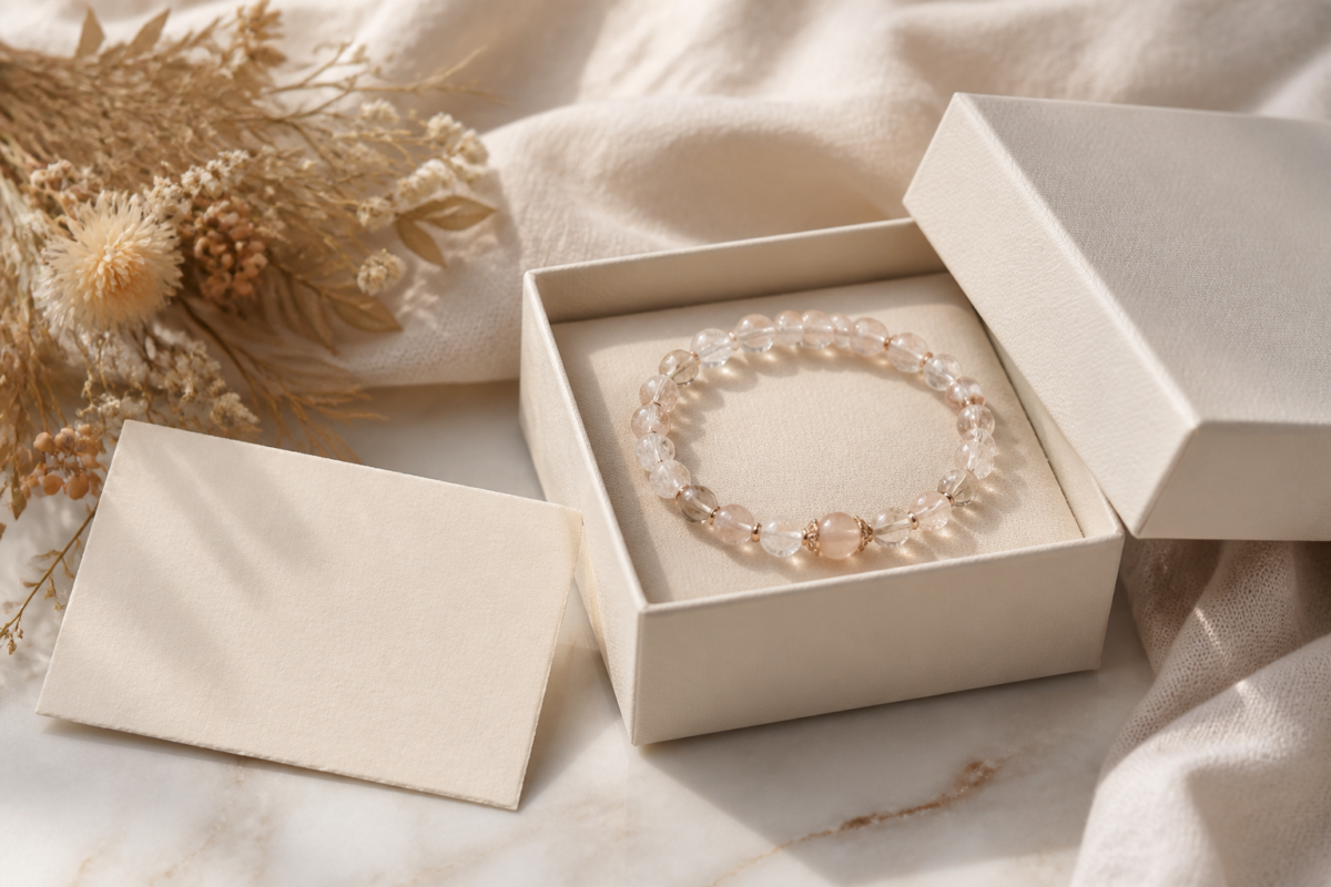 Crystal bead bracelet in a cream gift box with a blank note card and dried flowers