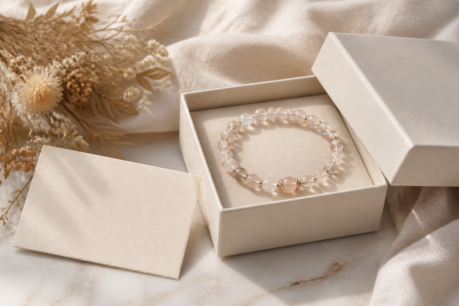 Crystal bead bracelet in a cream gift box with a blank note card and dried flowers
