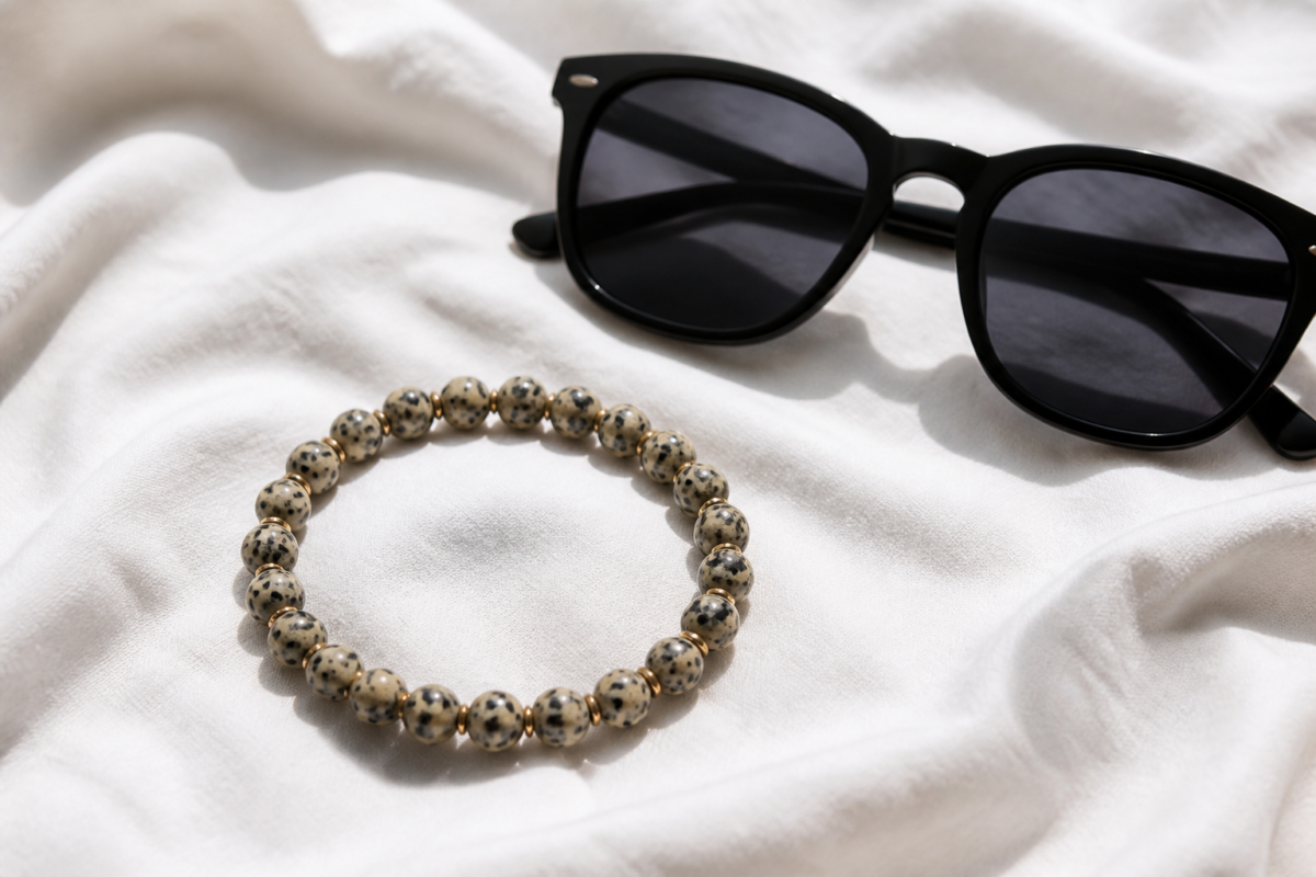 Dalmatian jasper bead bracelet on white cotton beside black sunglasses