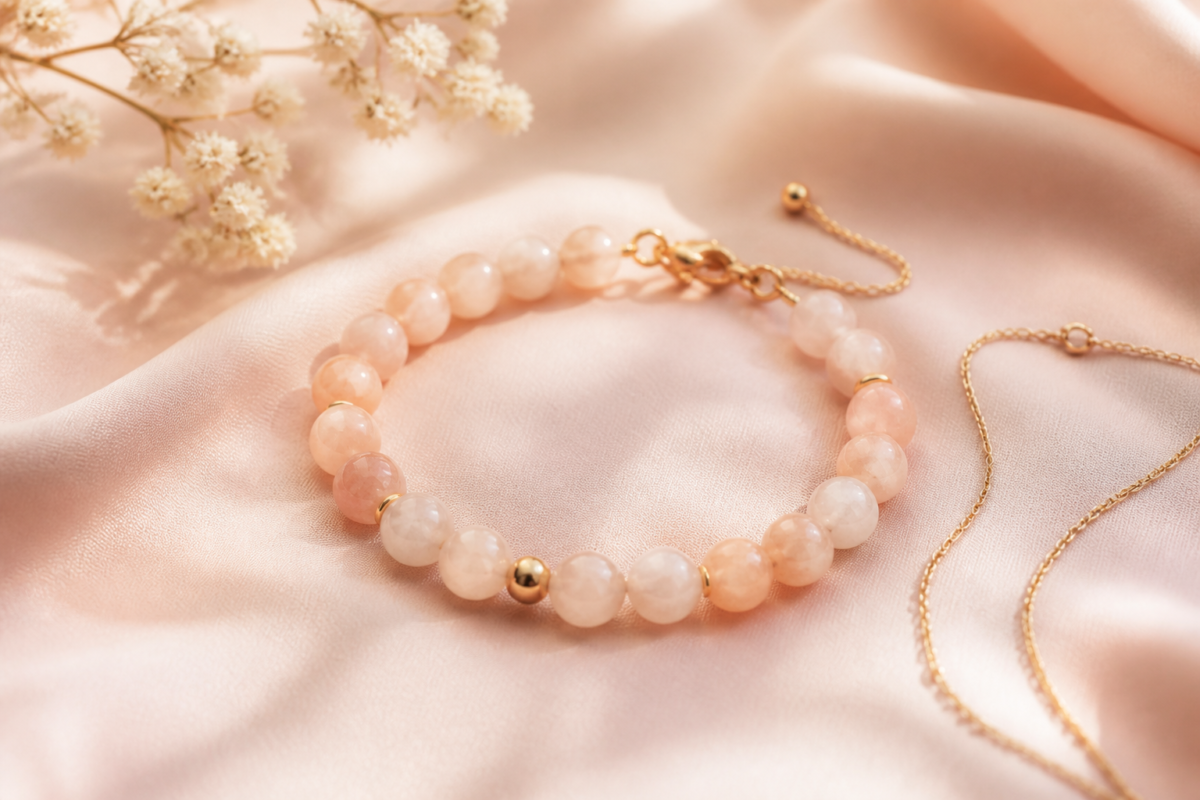 Pale peach morganite bead bracelet on blush silk beside a delicate gold chain