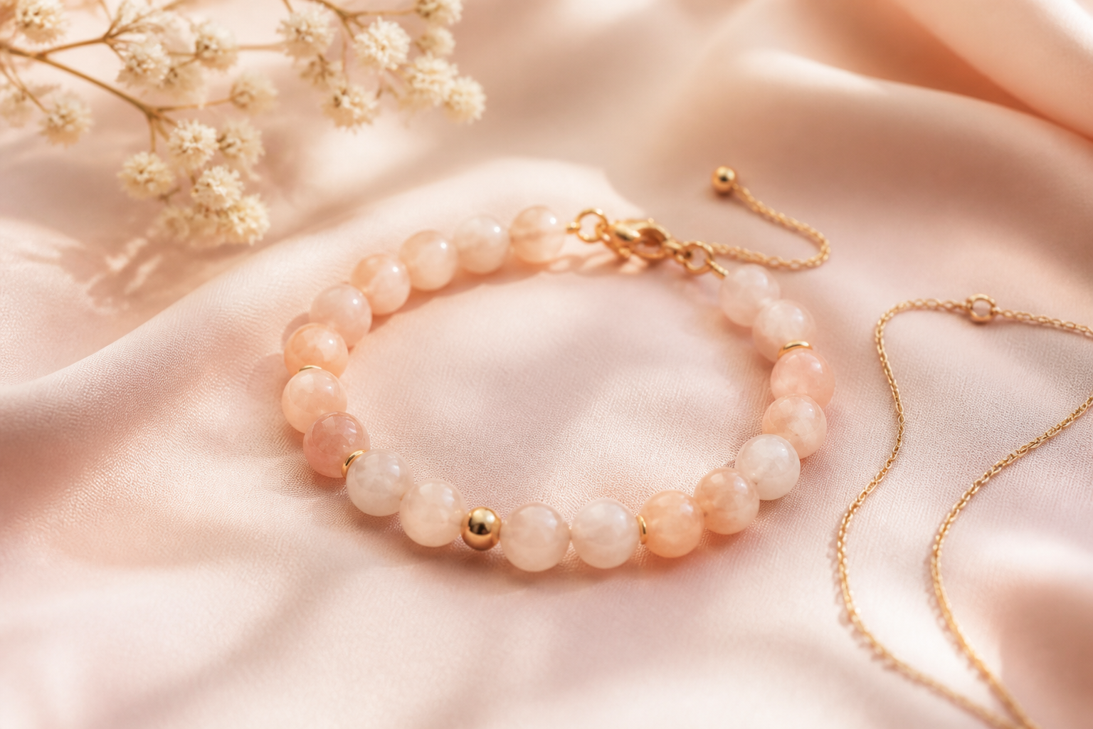 Pale peach morganite bead bracelet on blush silk beside a delicate gold chain