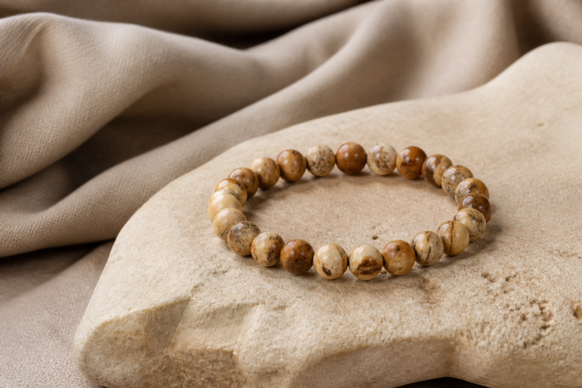 Picture jasper bead bracelet on sand stone with taupe fabric