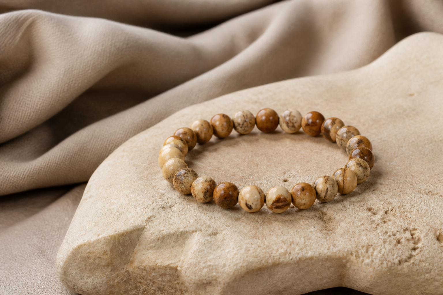 Picture jasper bead bracelet on sand stone with taupe fabric