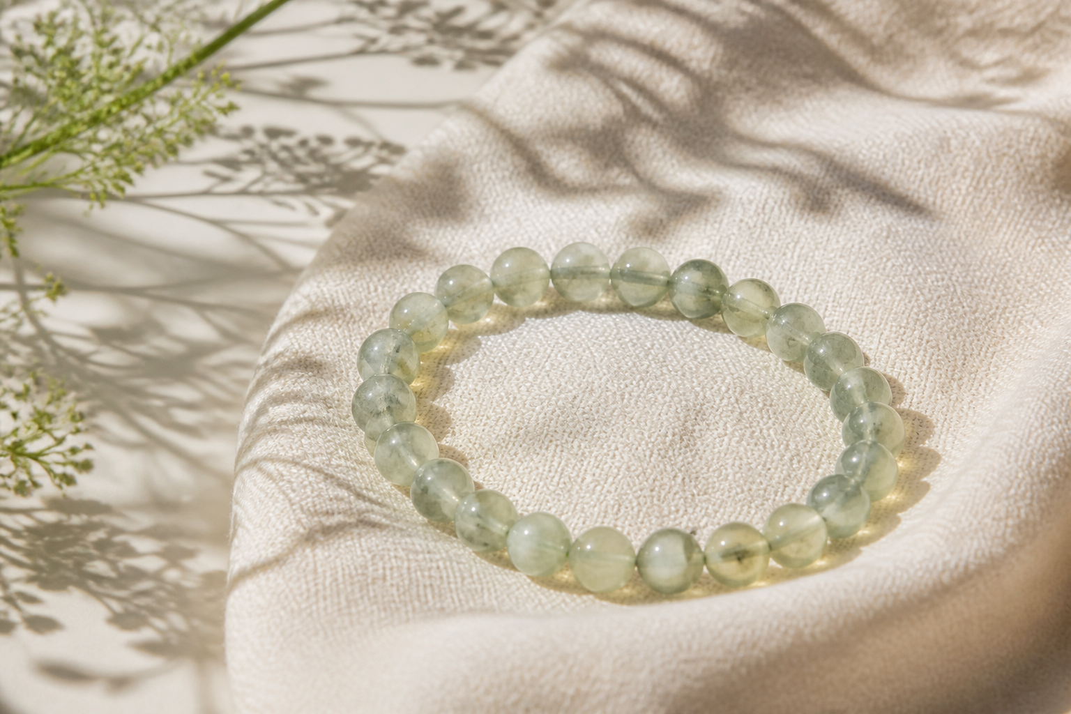 Soft green prehnite bead bracelet with cream woven fabric and botanical shadow