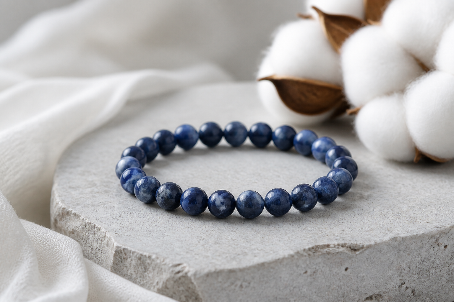 Deep blue sodalite bead bracelet on pale grey stone beside white cotton