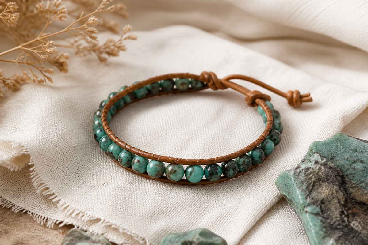 African turquoise green blue bead bracelet with tan leather and natural cotton