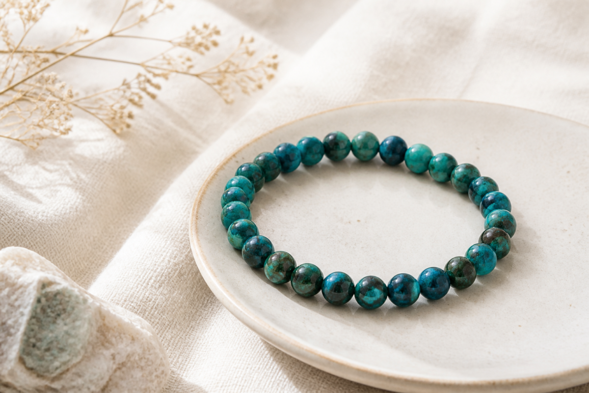 Chrysocolla teal blue bead bracelet on pale linen beside a ceramic dish