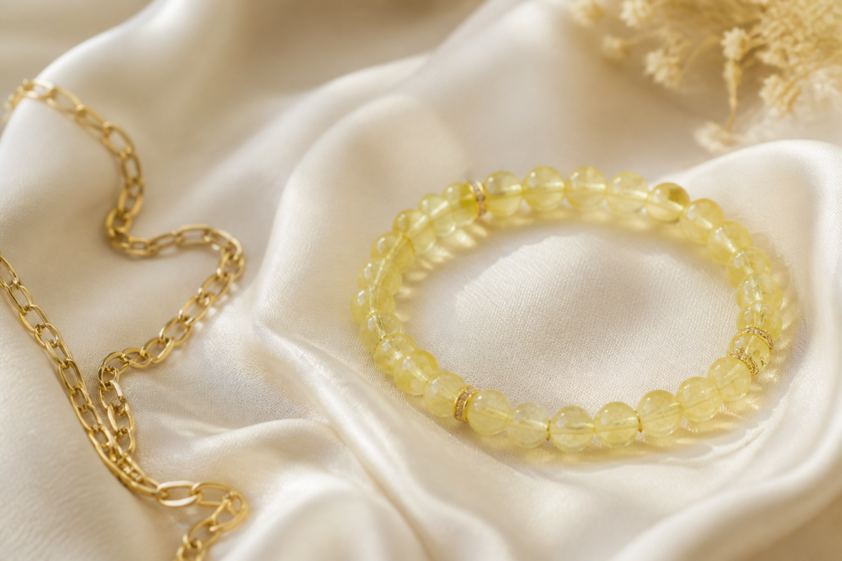 Lemon quartz pale yellow bead bracelet on ivory silk beside a gold tone chain