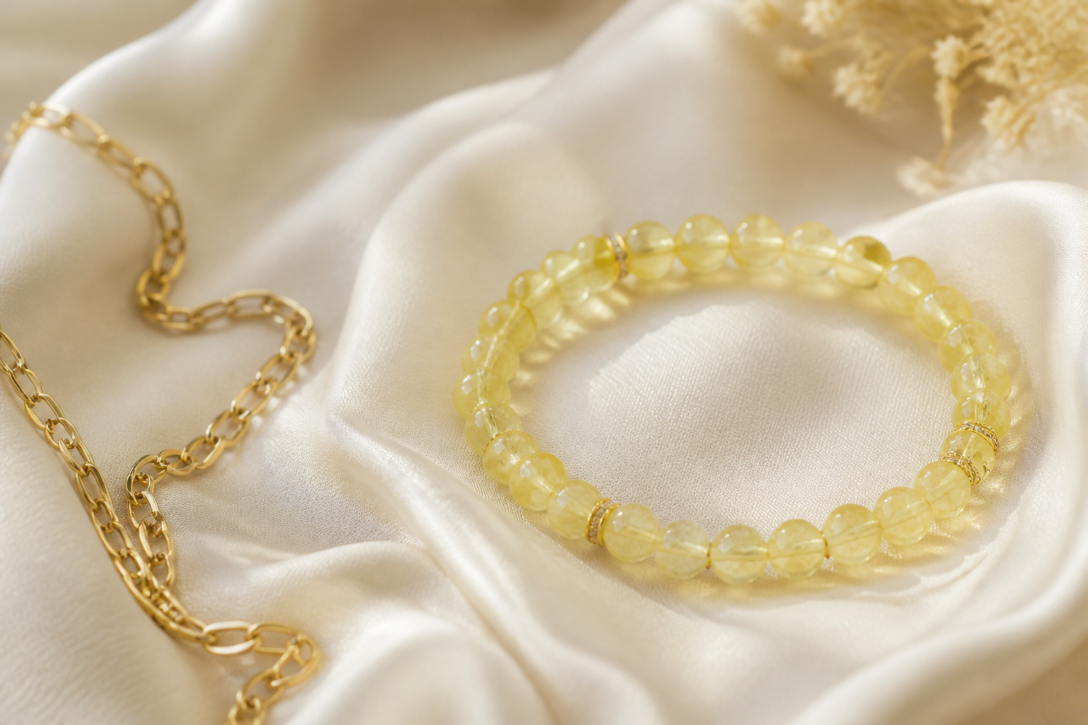 Lemon quartz pale yellow bead bracelet on ivory silk beside a gold tone chain