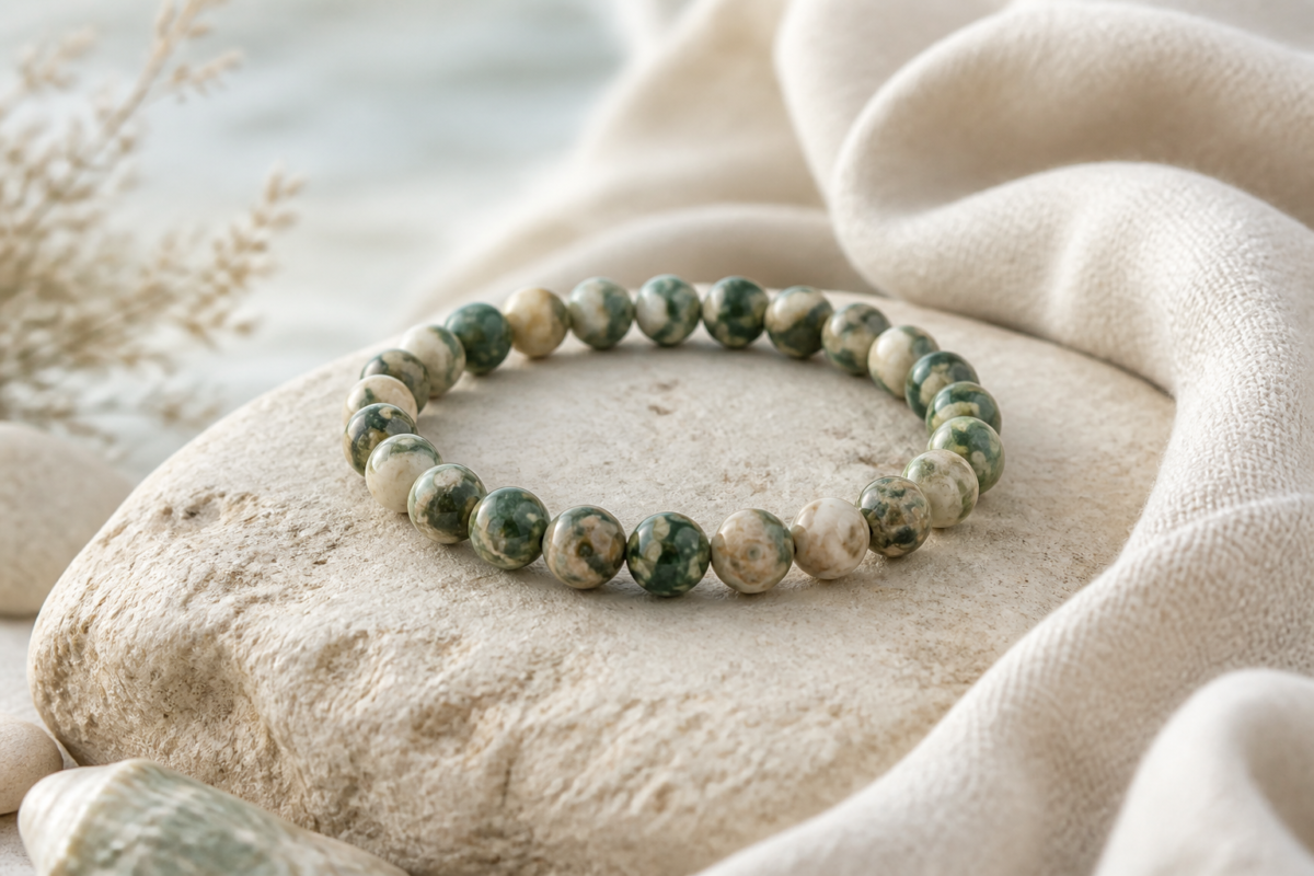 Ocean jasper green cream bead bracelet on pale coastal stone and linen
