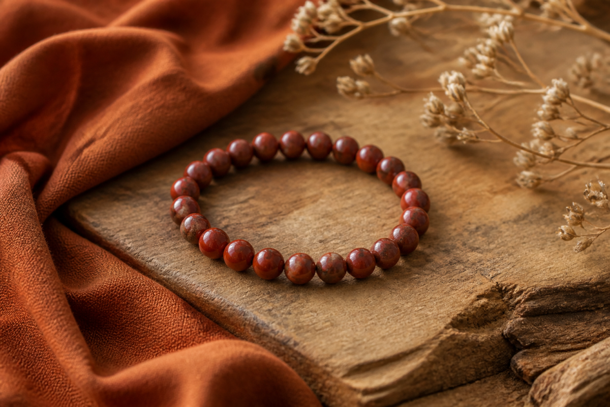 Red jasper bead bracelet on rust cotton and warm raw wood