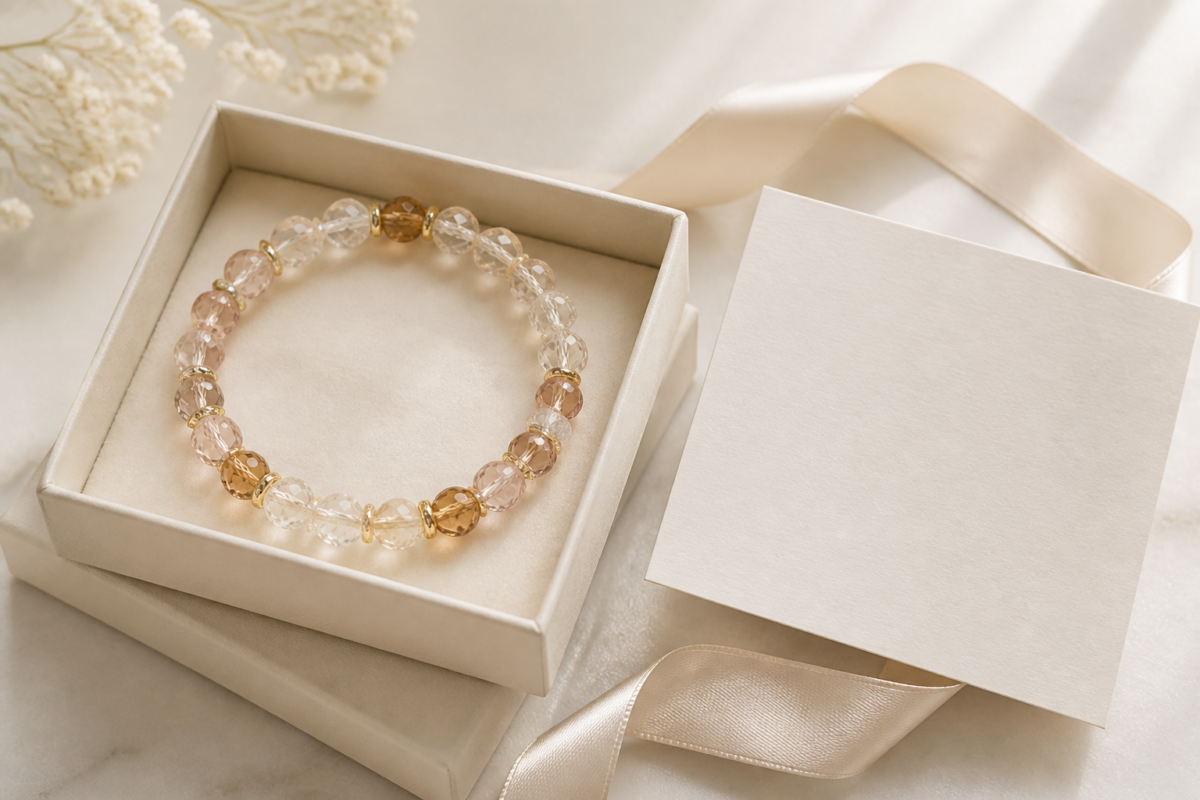 Crystal bead bracelet in a cream jewelry gift box with ribbon and blank card
