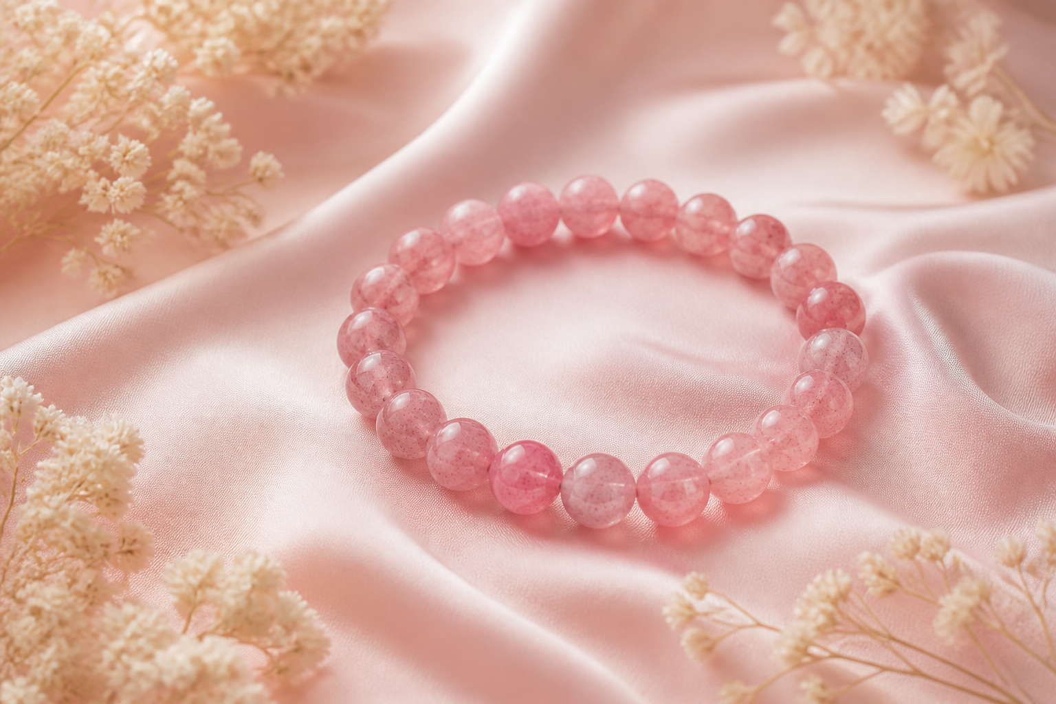 Strawberry quartz pink bead bracelet on blush satin with dried cream flowers