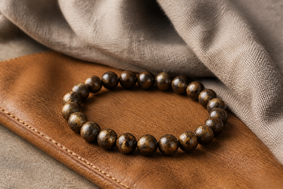 Bronzite brown metallic bracelet on tan leather and taupe fabric