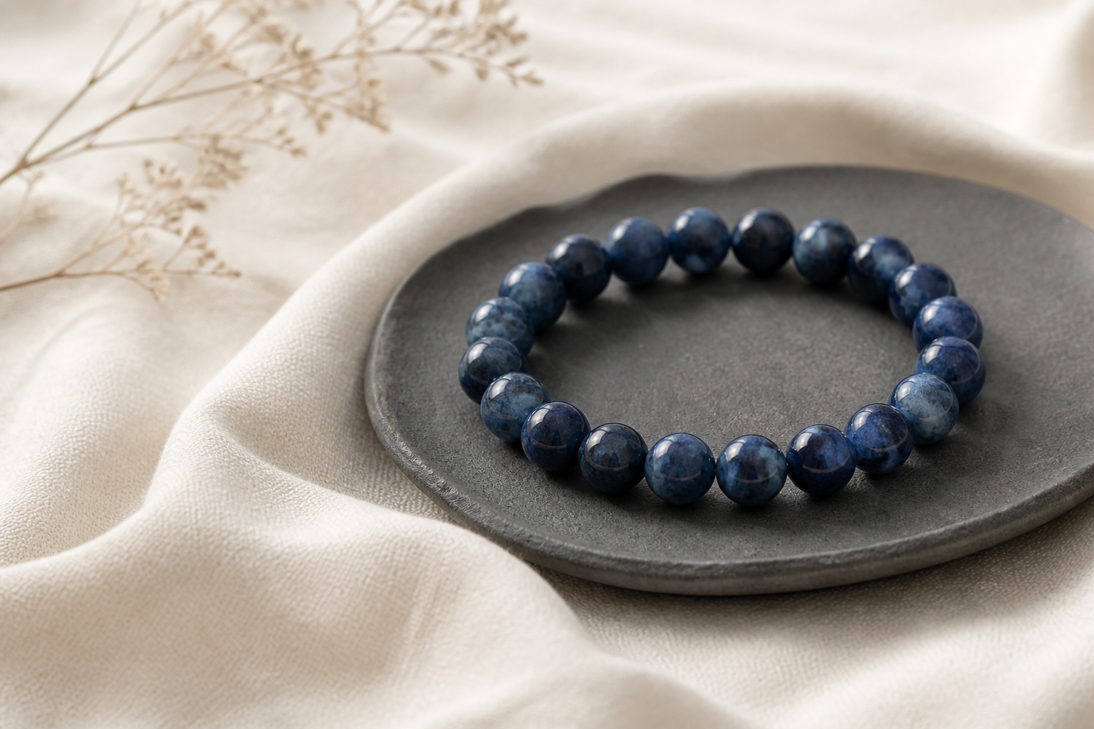Deep blue dumortierite bracelet on ivory fabric with slate dish