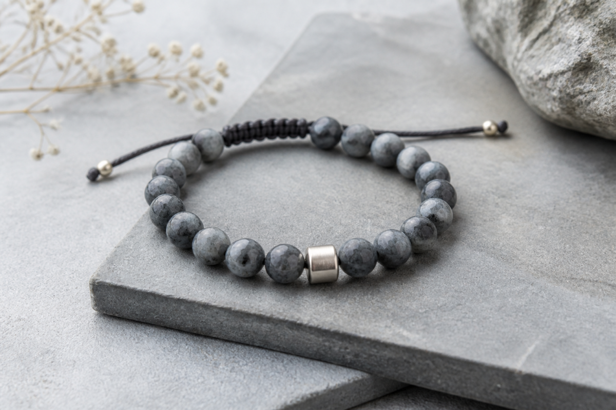 Larvikite grey blue bracelet with charcoal cotton and brushed silver