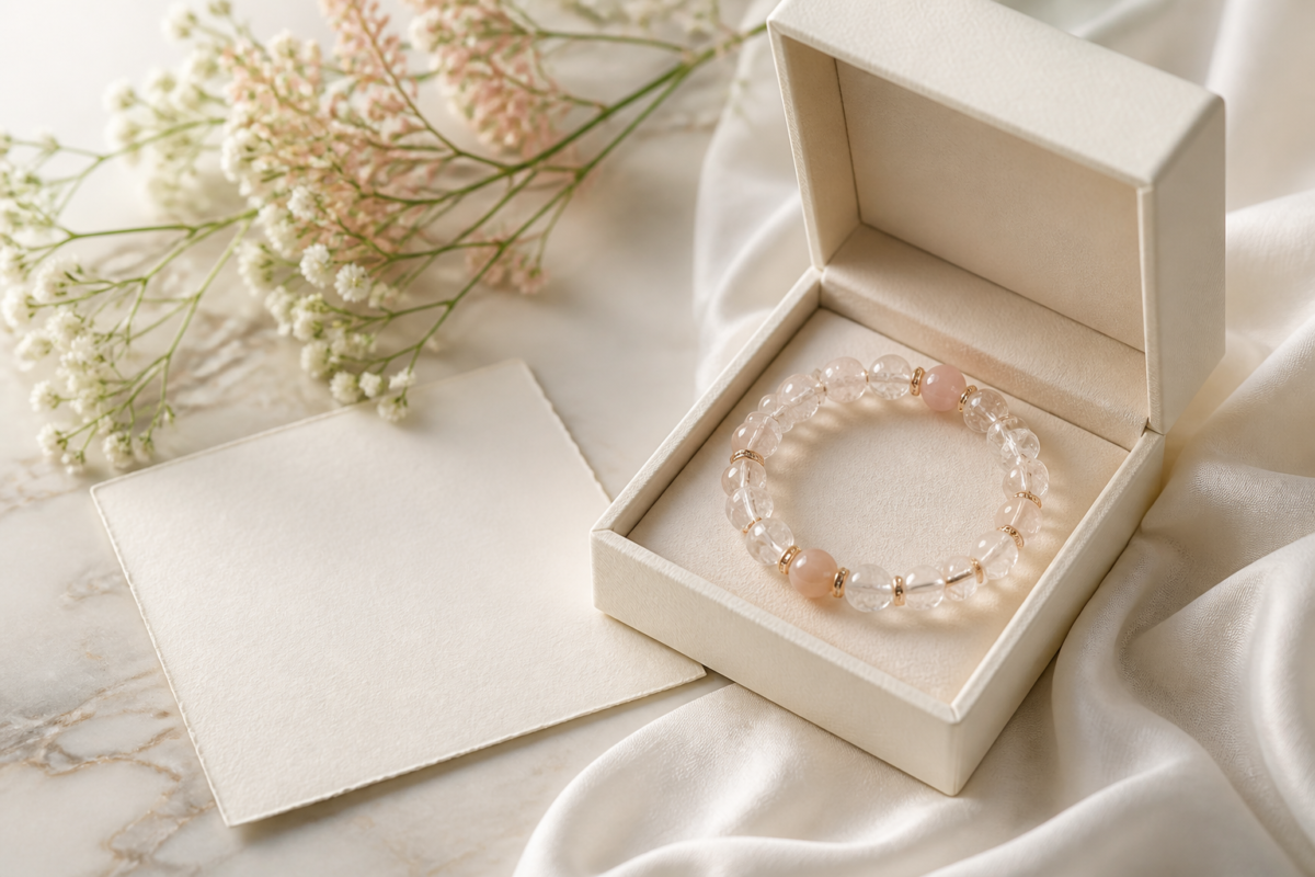 Crystal bracelet in cream gift box with floral stem and blank card