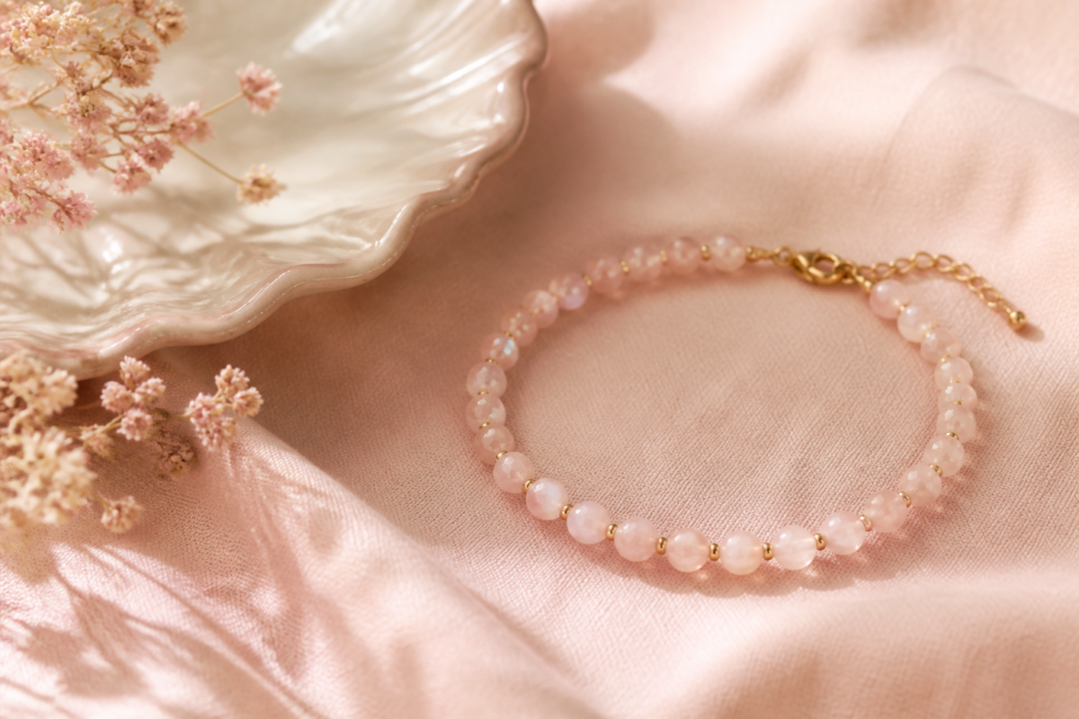 Pale pink opal bracelet on blush cotton with pearl toned ceramic