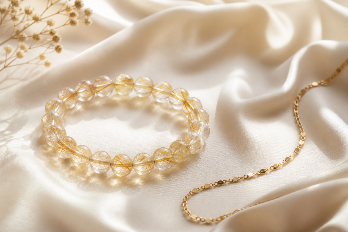 Rutilated quartz bracelet on cream silk beside delicate gold chain