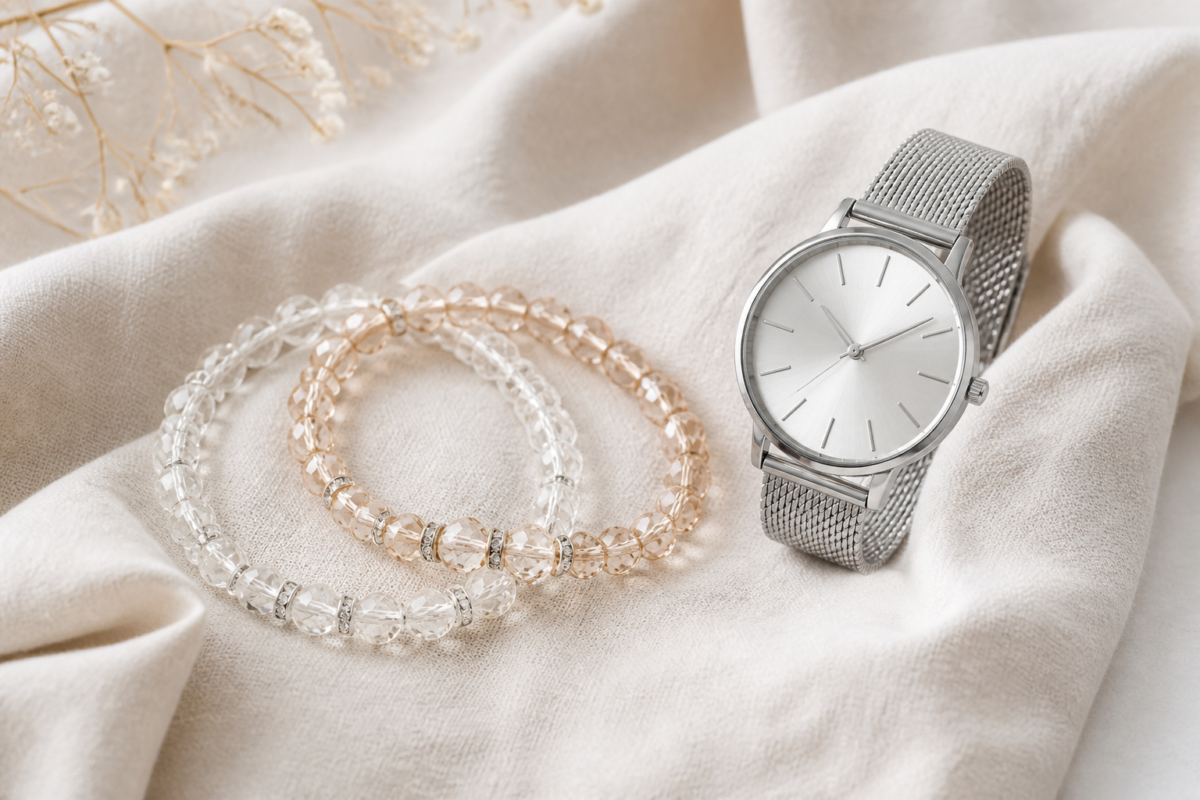 Crystal bead bracelets styled beside a clean silver watch on cream linen