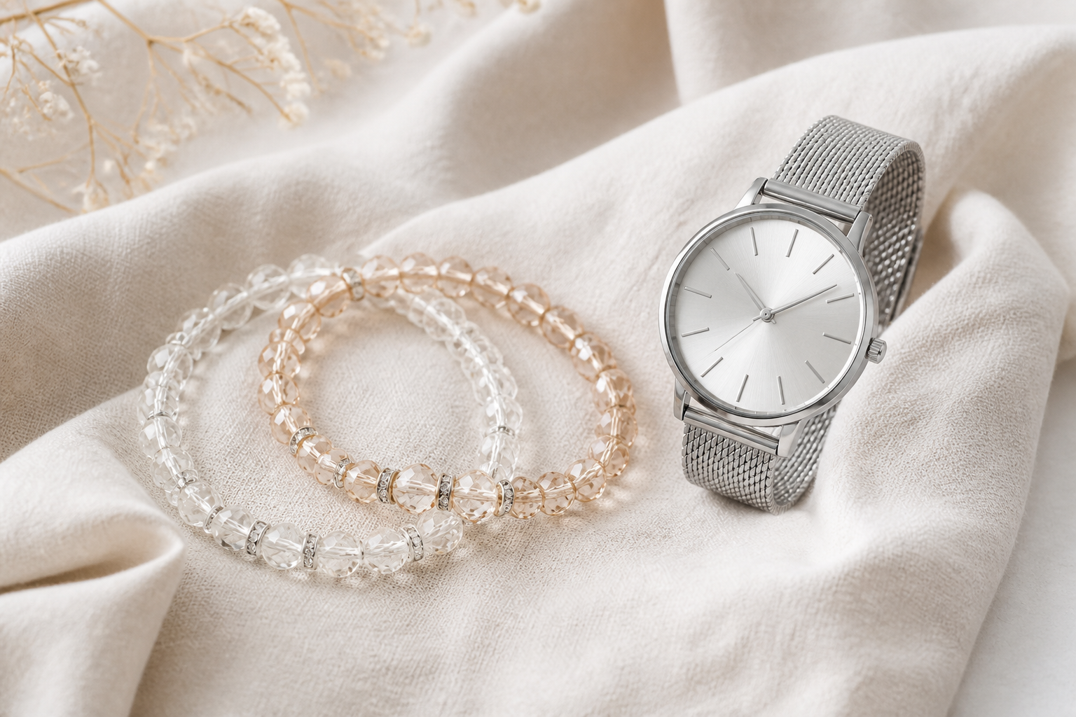 Crystal bead bracelets styled beside a clean silver watch on cream linen
