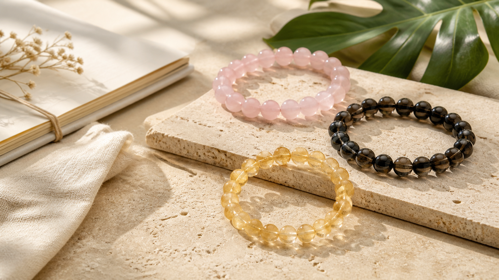 Crystal bead bracelets arranged on a sunlit tabletop