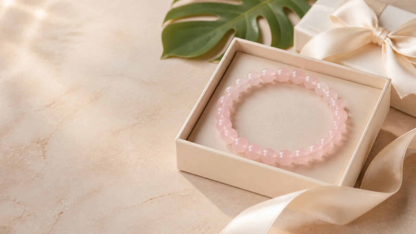 Rose quartz crystal bead bracelet presented in a simple gift box