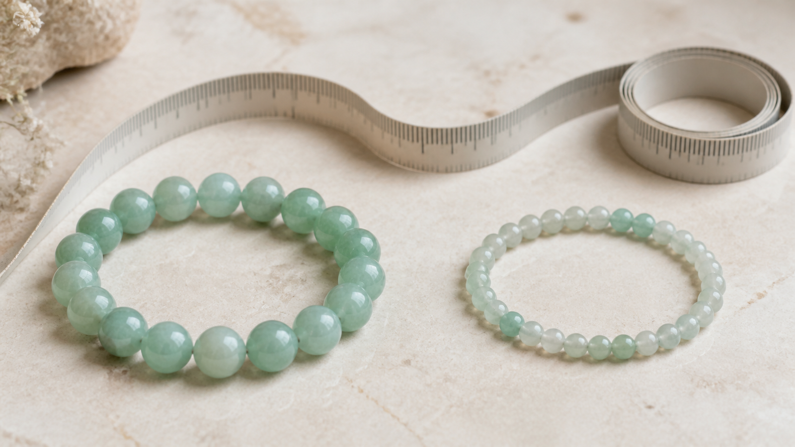 Crystal bead bracelets arranged with a measuring tape
