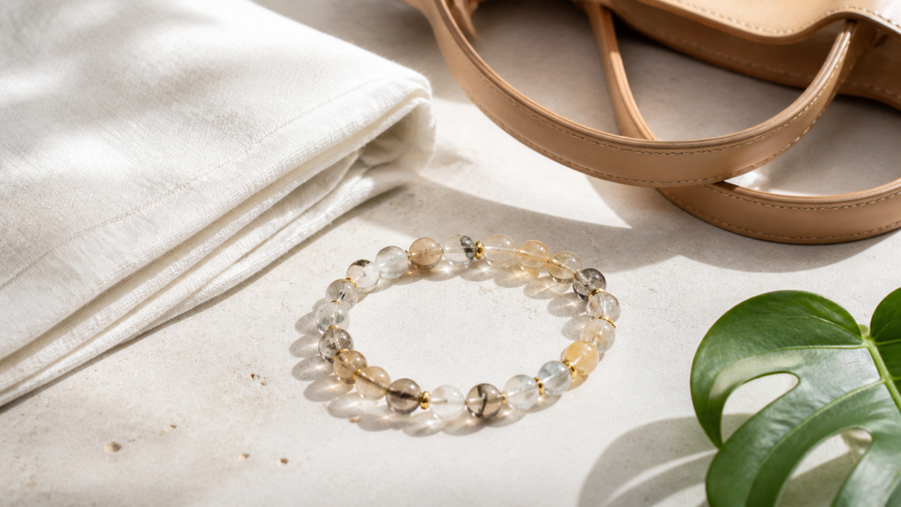 Neutral crystal bead bracelet with linen and a tropical leaf