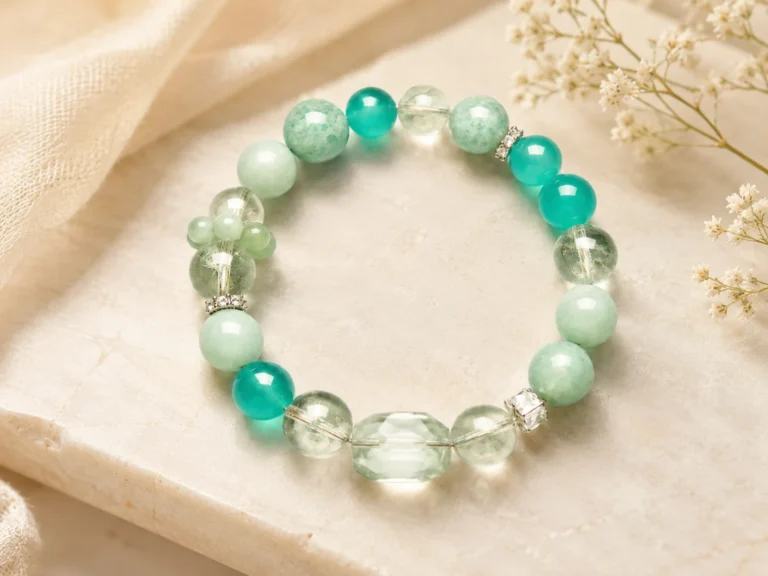Libra zodiac bracelet meaning represented by mint green beads, turquoise crystal accents, clear stones, silver spacers, and a faceted centerpiece