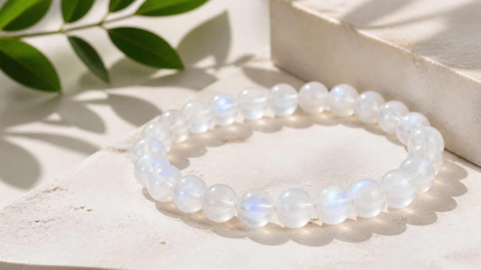 Moonstone bead bracelet styled on an ivory stone surface